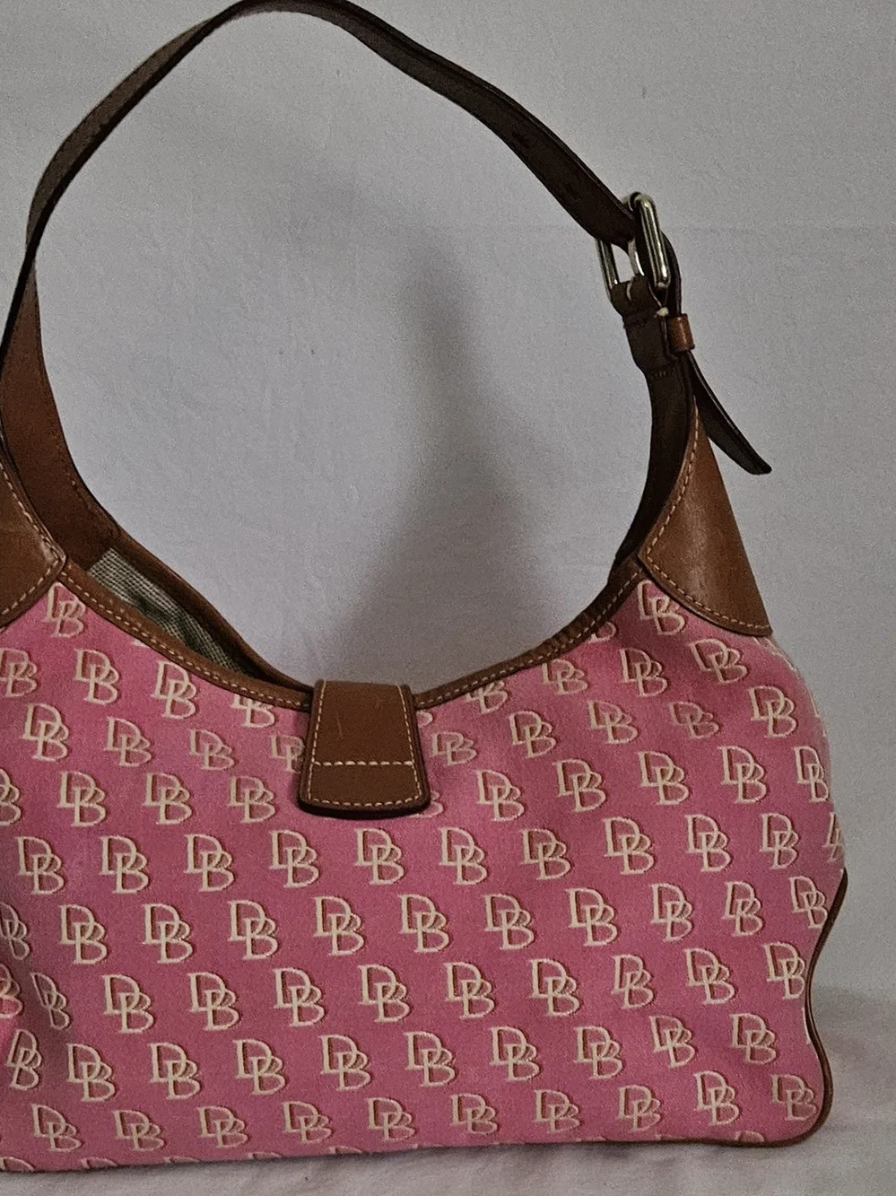Vintage Dooney & Bourke Pink DB Monogram Hobo Bag with Duck Charm